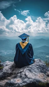 Graduate in blue gown gazes toward vast mountain horizon.