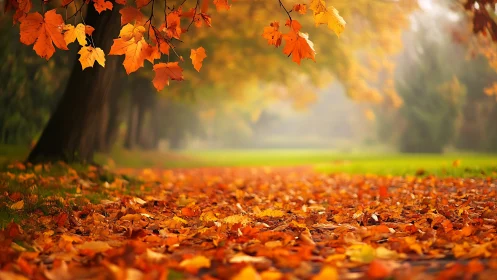 Autumn foliage carpet under soft bokeh light in parkland