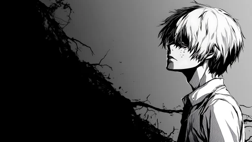 Brooding monochrome boy beneath a creeping ink horizon.