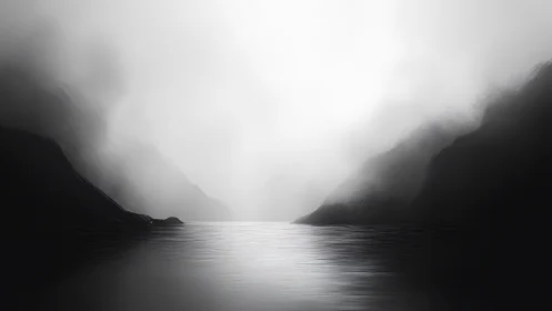 Mist-veiled fjord reflects moody monochrome light calmly.
