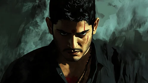 Storm-eyed vigilante simmering in painterly shadowed rage.