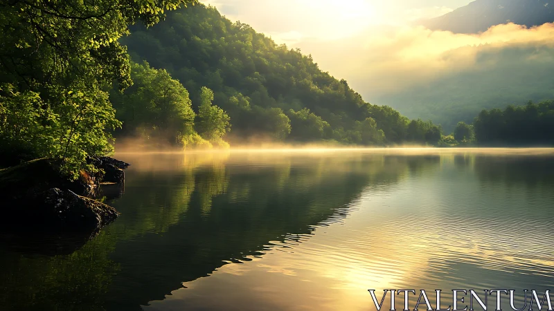 Sunlit mountain lake mirrored in tranquil morning mist.