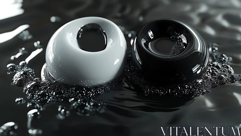 Monochrome torus forms on reflective liquid surface in closeup.