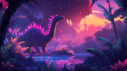Neon dinosaur roams luminous jungle at sunset glow.