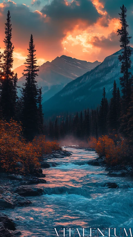 Mountain river under dense clouds at sunset in forest valley.