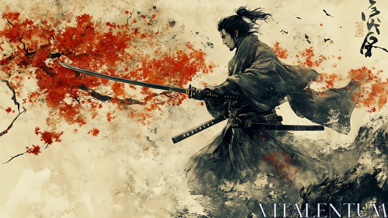 Samurai swordsman in autumn foliage with ink wash textures.