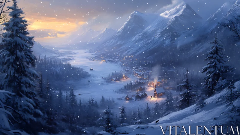 Snowbound mountain village glows under cold twilight snowfall