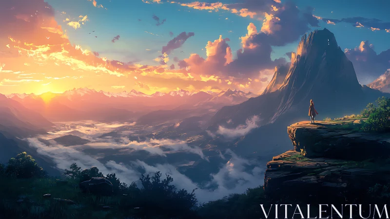 Solitary dreamer above sunlit valley and towering peak.