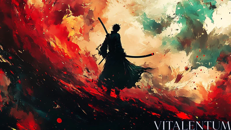 Silhouetted swordsman stands against turbulent abstract sky
