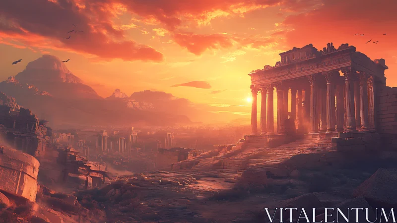 Digital landscape of ruined classical temple at sunset.