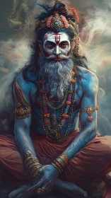 Blue-skinned ascetic rendered in high-detail digital painting with ornate jewelry