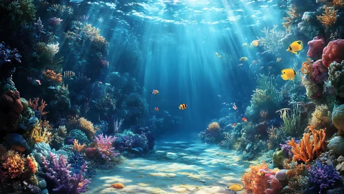 Sunlit coral reef canyon with colorful tropical fish life.