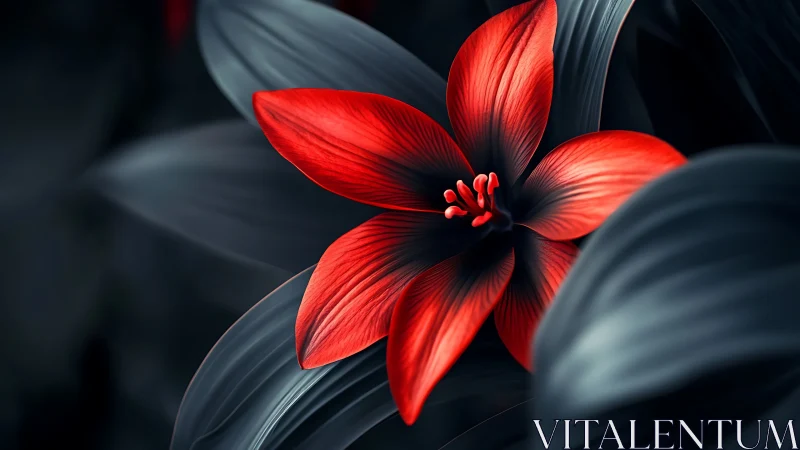 Vermillion Five-Petaled Bloom with Radial Stamen Configuration.