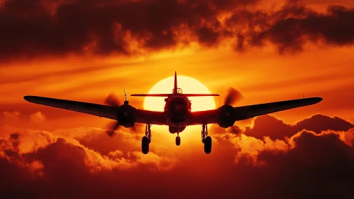 Glowing sunset welcomes a propeller plane into vivid orange sky