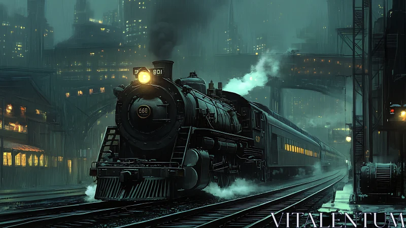 Midnight steam train rolls through a misty neon city
