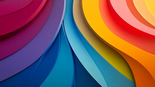 Layered curved bands in multicolored abstract composition.