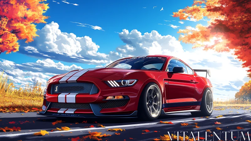 Low-angle render of red track-tuned Mustang under autumn sky