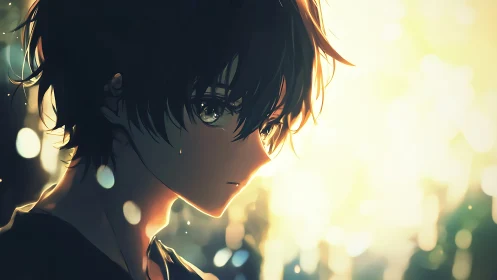 Backlit anime boy in tearful quiet against glowing bokeh.