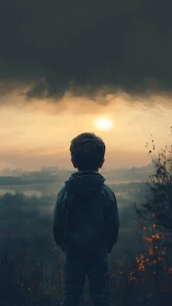 Solitary child watches a misty sunrise over quiet valleys