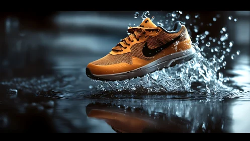 Orange running shoe splashing in reflective water scene.