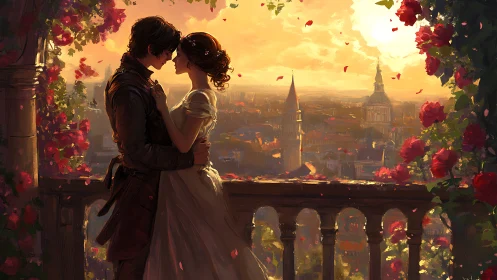 Romantic Couple on Balcony Above City Skyline