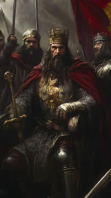 Battle-weary iron king broods beneath a crimson war banner.