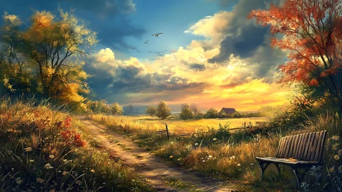 Golden country sunset welcomes a quiet bench and winding path