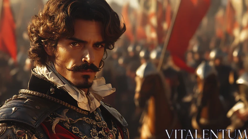 Baroque cavalry commander in ornate cuirass amid battle ranks