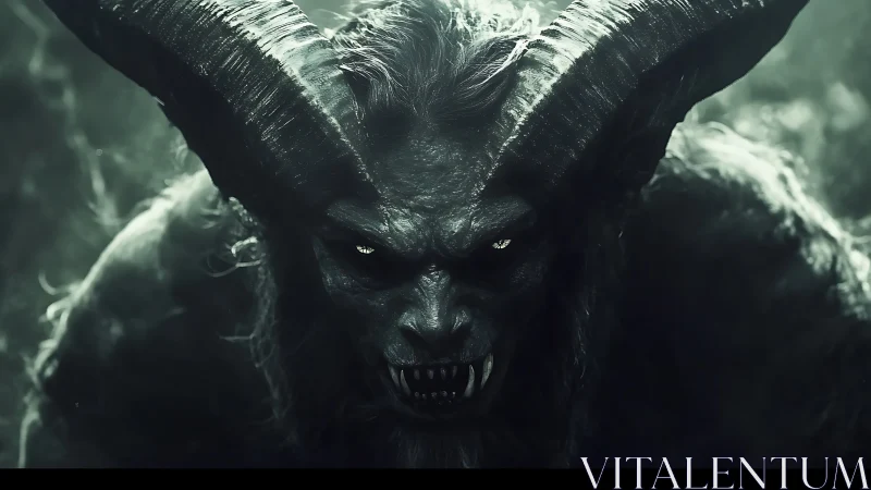 Demonic horned beast emerging from shadows in monochrome light.