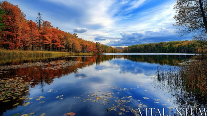 Autumn forest leans over a mirror lake and whispers to clouds