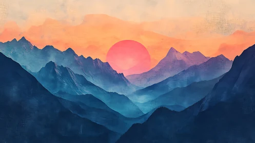 Layered blue mountains with large pink sun at sunset sky