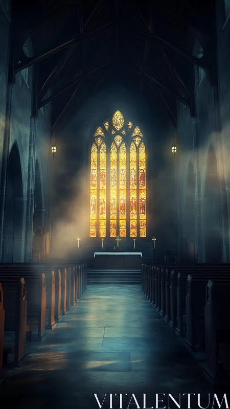 Sunlit gothic nave with glowing stained glass window interior.