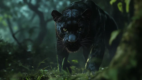 Black Panther Emerges Through Misty Jungle Undergrowth