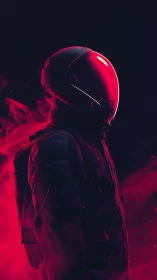Crimson-lit astronaut profile in smoky neon backlight silhouette.