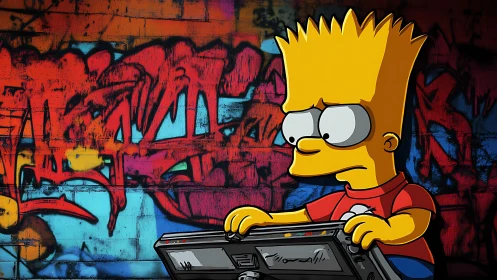 Cartoon boy with tablet against colorful graffiti wall.