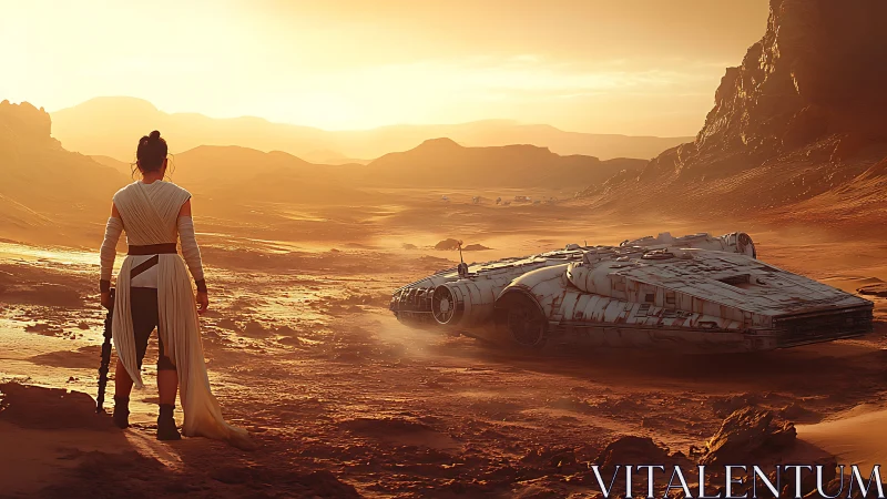 Woman with staff stands by grounded ship in desert canyon