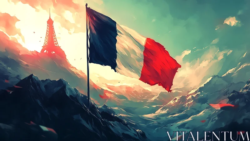 Tri-color gale above dream-forged French highlands.