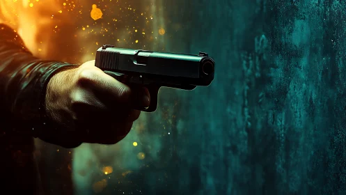 Cinematic close-up of handgun aimed toward textured teal wall