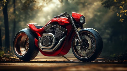 Low-slung red concept motorcycle with oversized slick tires