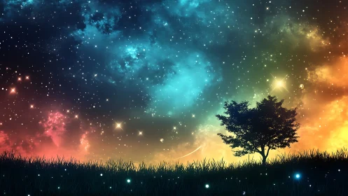 Lone tree silhouettes against multicolor cosmic night sky