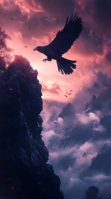 Eagle soaring above misty cliffs in crimson twilight sky.