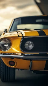 Front close-up of yellow classic muscle car with stripes.