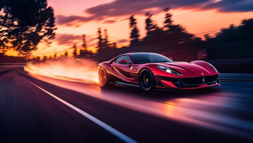 Crimson supercar slices twilight asphalt with liquid fire