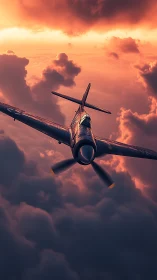 Warbird climbs through molten sunset storm clouds sky.