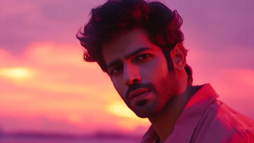 Man looks toward camera under vivid pink sunset lighting