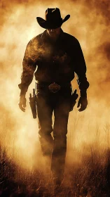 Backlit cowboy silhouette walks through dense atmospheric dust