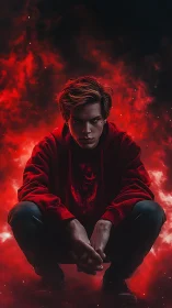 Hooded male figure crouching before red smoke field.