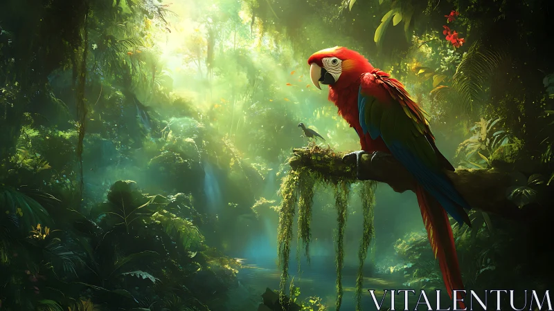 Scarlet macaw perched on mossy branch in dense rainforest