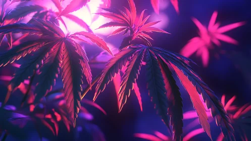Neon-drenched cannabis leaves glow in dreamy cosmic light.