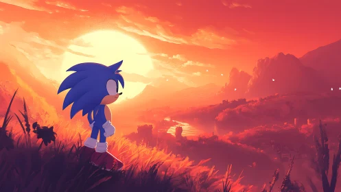 Backlit blue hedgehog silhouette overlooks volumetric sunset valley